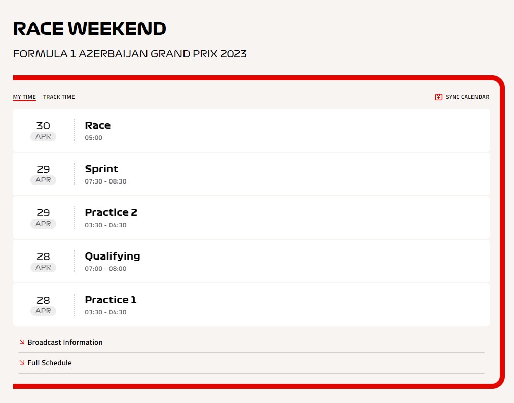 Horarios para el Gran Premio de Azerbaiyán en Bakú