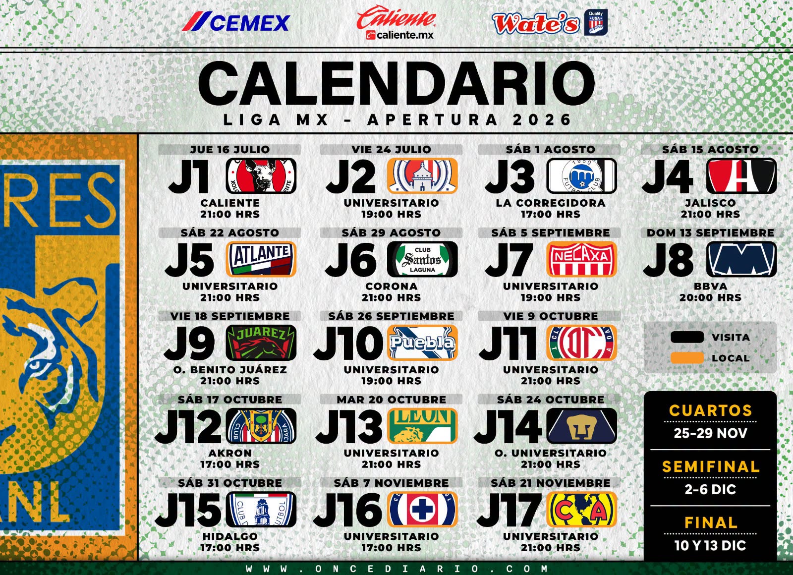 Calendario de juego de Tigres en el Apertura 2026