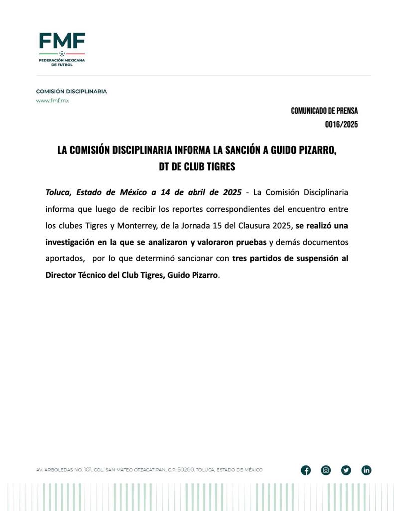 La Comisión Disciplinaria de la FMF informó la sanción a Guido Pizarro, DT de Tigres