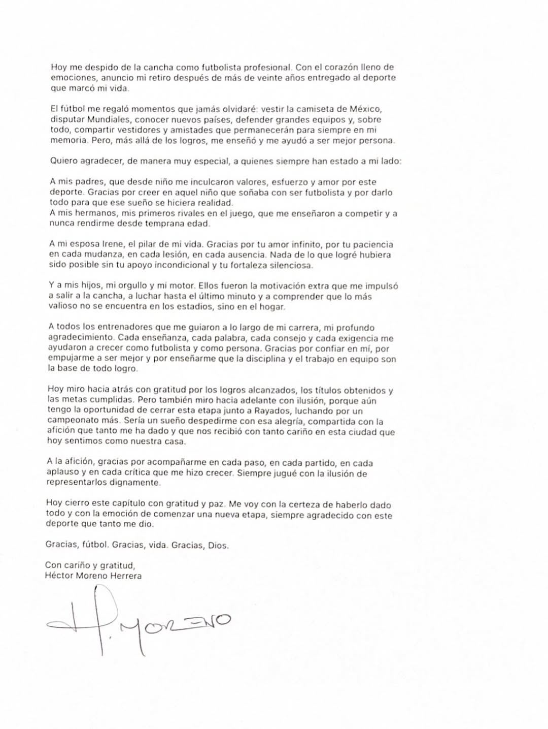 La despedida de Héctor Moreno del futbol profesional